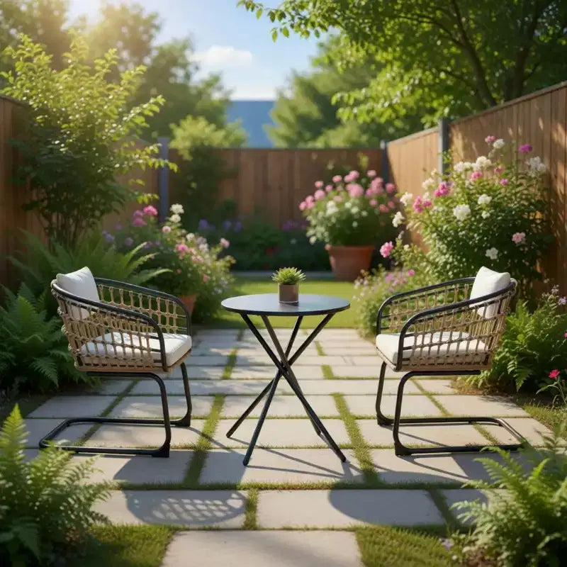 GDFStudio Riane 3 Piece Outdoor Wicker and Iron Bistro Set with Cushions