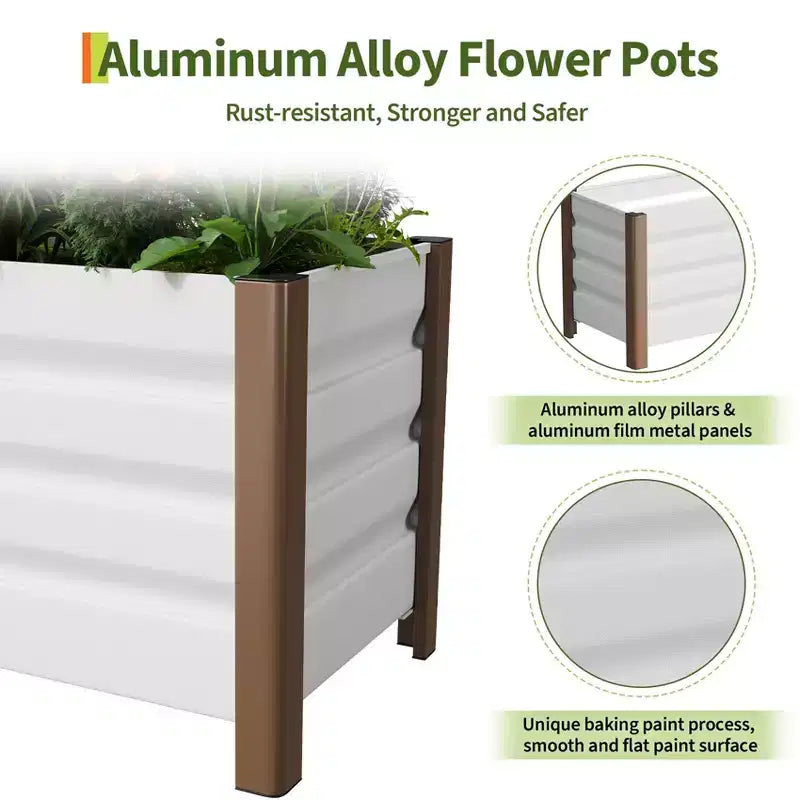 Large White Aluminum Planter Box , Extra Long Raised Garden Bed with Rounded Corners & Anti-Cut Safety Edging