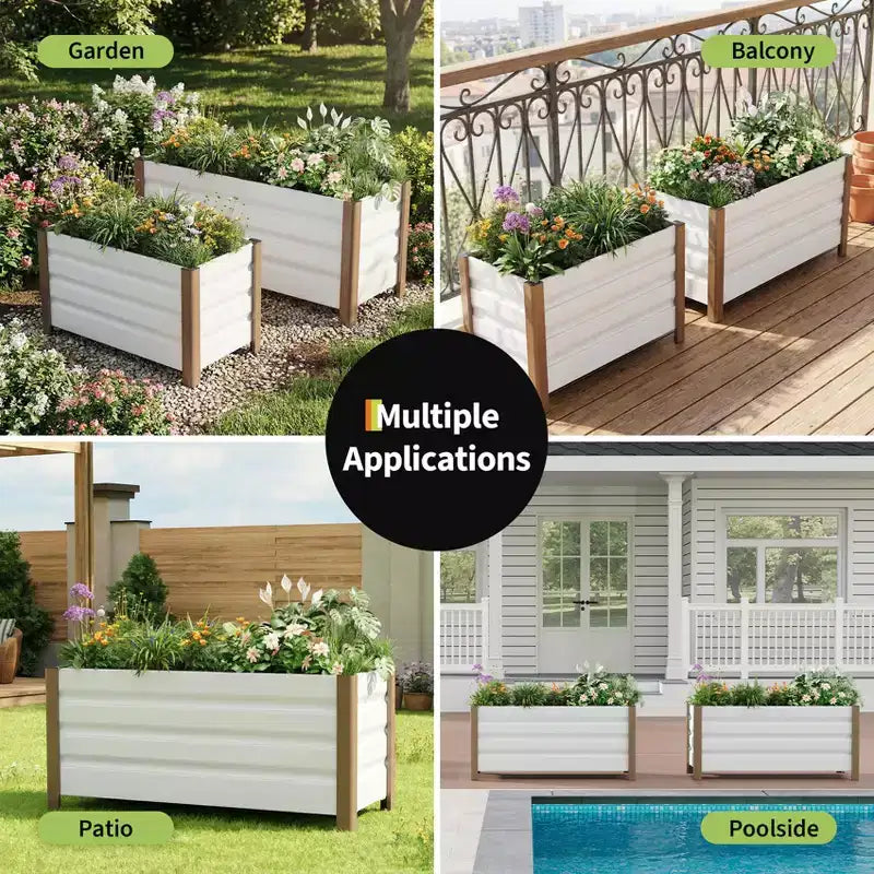 Large White Aluminum Planter Box , Extra Long Raised Garden Bed with Rounded Corners & Anti-Cut Safety Edging