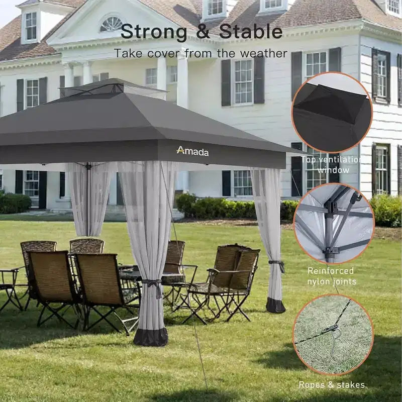 Amada, 13X13 Pop Up Gazebo,Gazebos on Clearance with Wheeled STO N Go Cover Bag,Carpa Pop Up Tent Party Tent and Sunshade, with Mosquito Netting