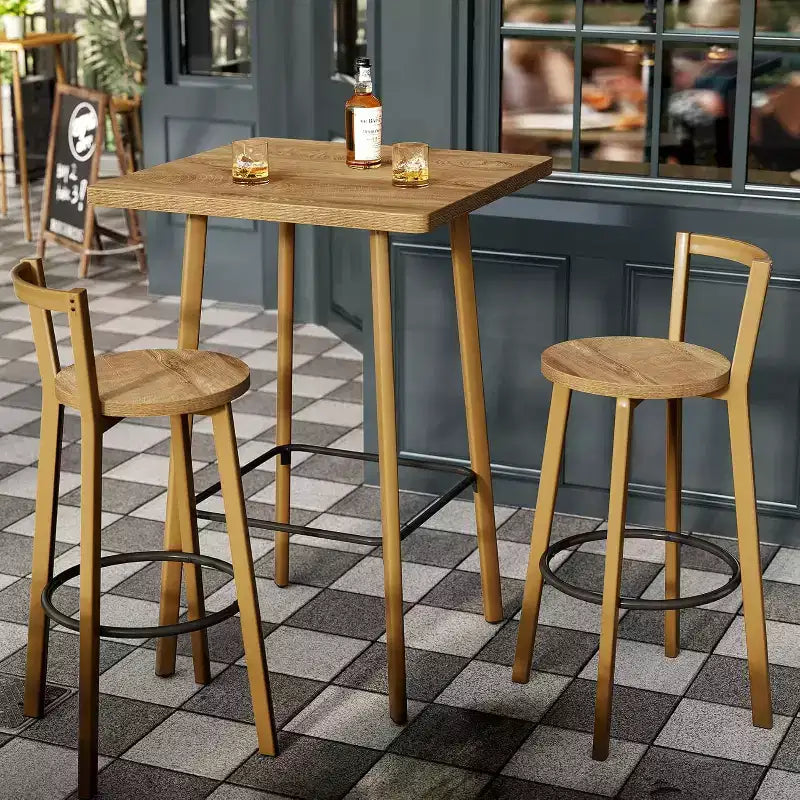 Lantine Bar Table and Chair Set, 39.4 H Square Bistro Pub Table with 2 Chairs, Bar Height Table for Dining, Cafe, Apartment, Balcony, Oak Color