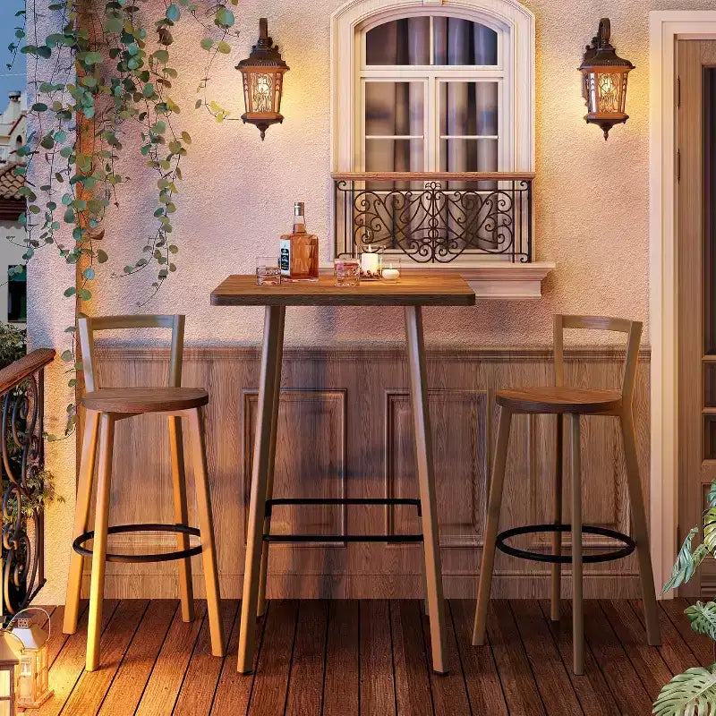 Lantine Bar Table and Chair Set, 39.4 H Square Bistro Pub Table with 2 Chairs, Bar Height Table for Dining, Cafe, Apartment, Balcony, Oak Color