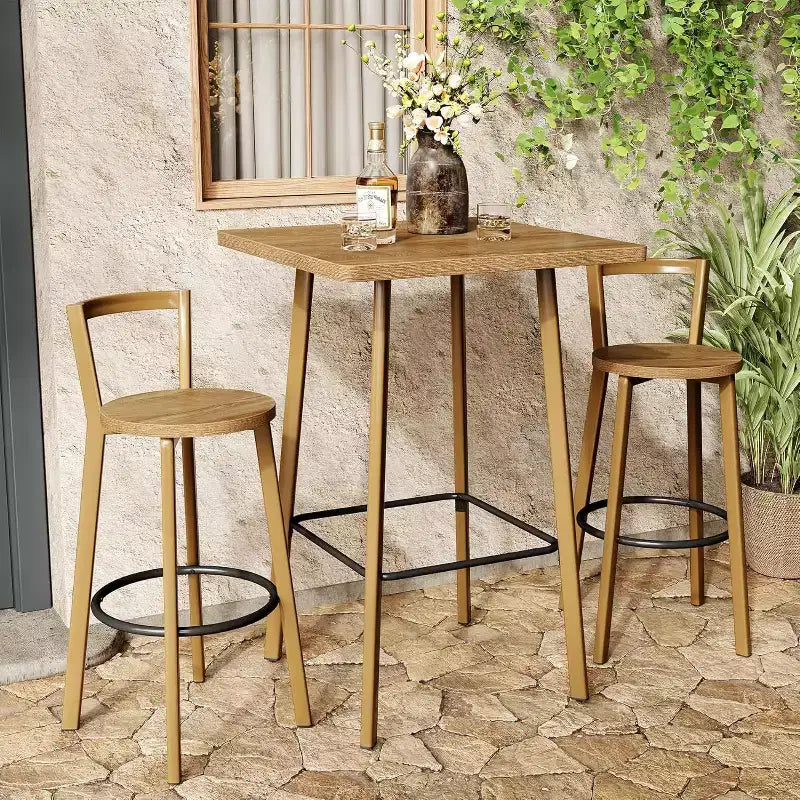 Lantine Bar Table and Chair Set, 39.4 H Square Bistro Pub Table with 2 Chairs, Bar Height Table for Dining, Cafe, Apartment, Balcony, Oak Color