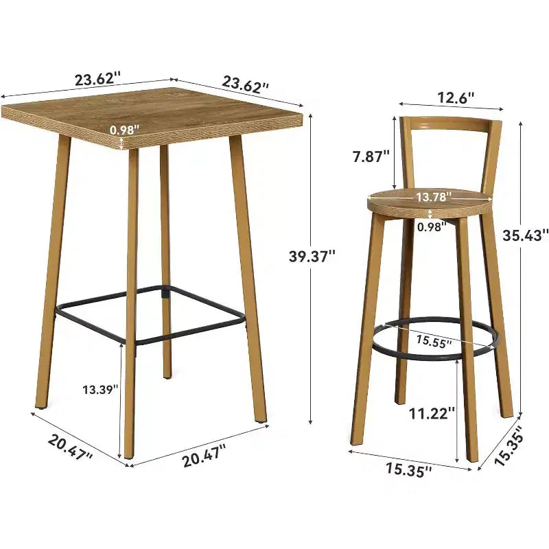 Lantine Bar Table and Chair Set, 39.4 H Square Bistro Pub Table with 2 Chairs, Bar Height Table for Dining, Cafe, Apartment, Balcony, Oak Color