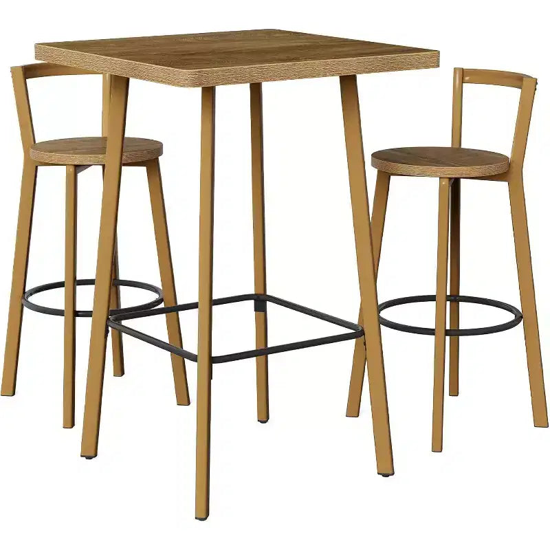 Lantine Bar Table and Chair Set, 39.4 H Square Bistro Pub Table with 2 Chairs, Bar Height Table for Dining, Cafe, Apartment, Balcony, Oak Color