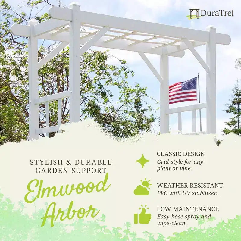 Dura-Trel Elmwood Arbor, 57 by 84 Inch PVC Patio Garden Arch, Outdoor Lattice Frame Decoration or Trellis for Climbing Plants, White