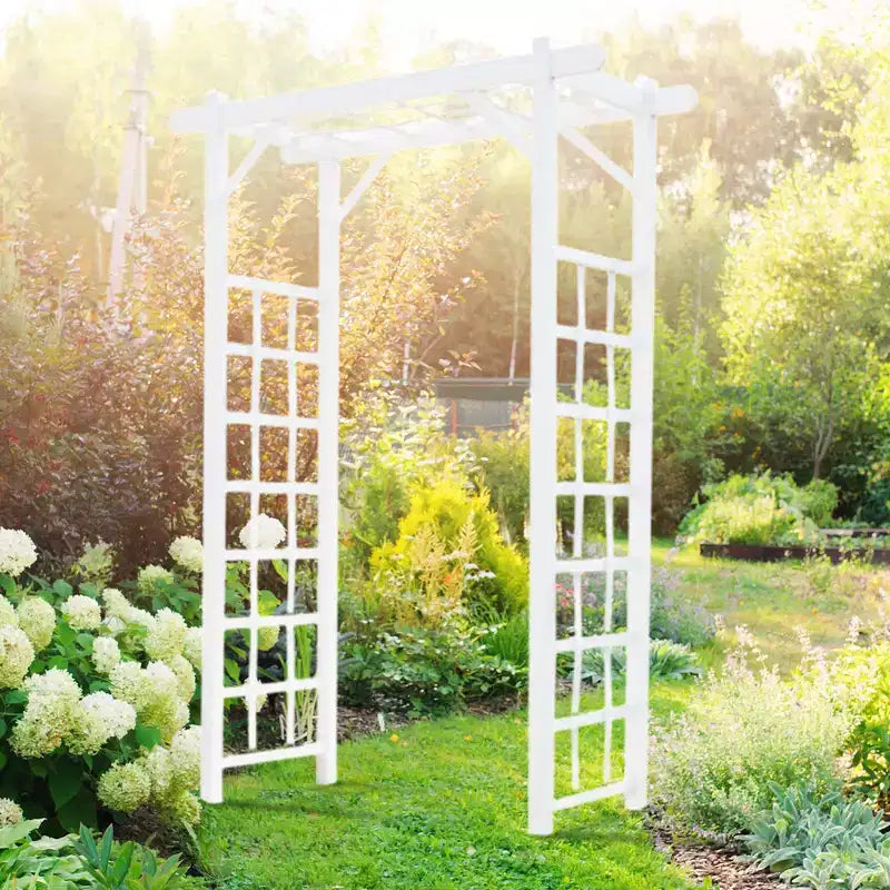 Dura-Trel Elmwood Arbor, 57 by 84 Inch PVC Patio Garden Arch, Outdoor Lattice Frame Decoration or Trellis for Climbing Plants, White