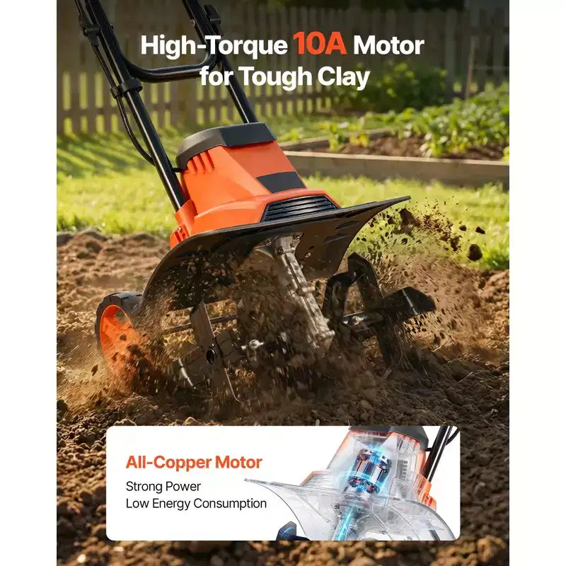 VEVOR Corded Electric Tiller, 14 Inch Tilling Width Garden Rototiller, 10-Amp Motor, Cultivator with Steel Tines and Foldable Handle, Orange&Black