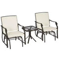 3-Piece Outdoor Glider Chair Bistro Set with Tempered Glass Coffee Table Cream White
