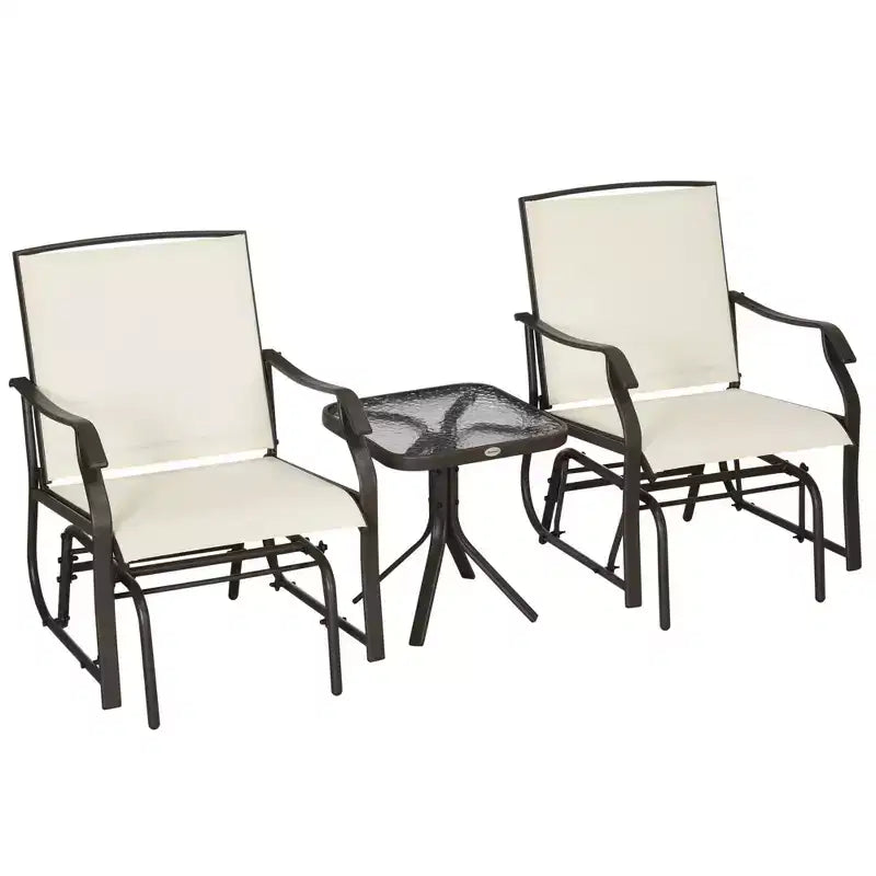 3-Piece Outdoor Glider Chair Bistro Set with Tempered Glass Coffee Table Cream White