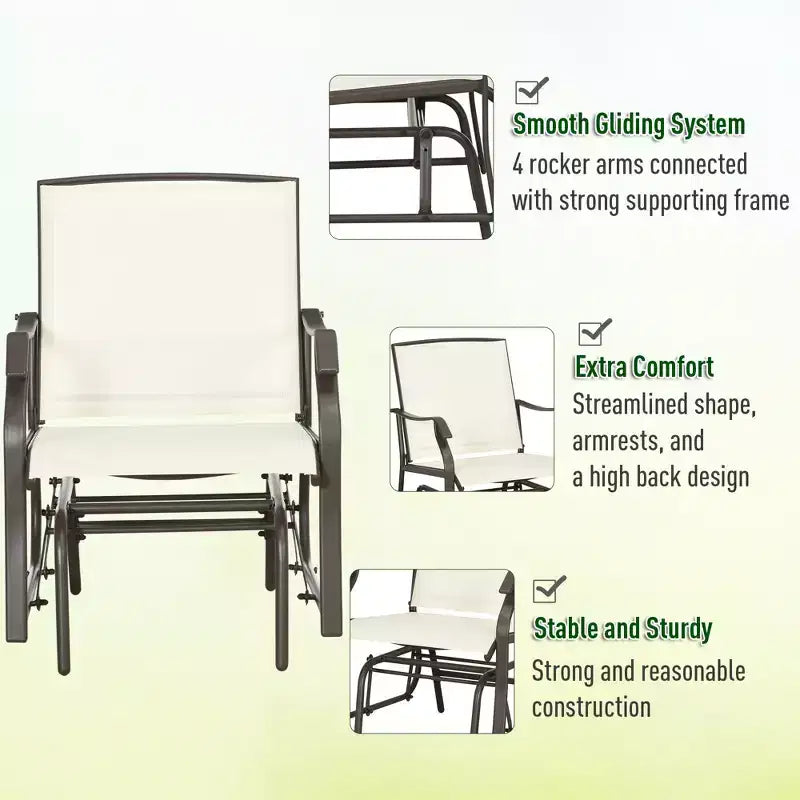 3-Piece Outdoor Glider Chair Bistro Set with Tempered Glass Coffee Table Cream White