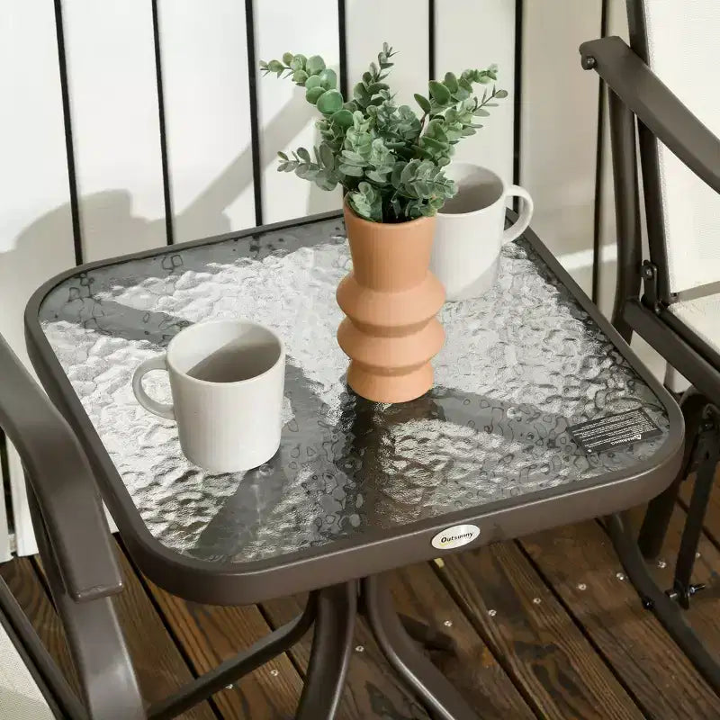 3-Piece Outdoor Glider Chair Bistro Set with Tempered Glass Coffee Table Cream White