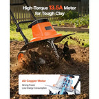 VEVOR Corded Electric Tiller, 18 Inch Tilling Width Garden Rototiller, 13.5-Amp Motor, Cultivator with Steel Tines and Foldable Handle, Orange&Black