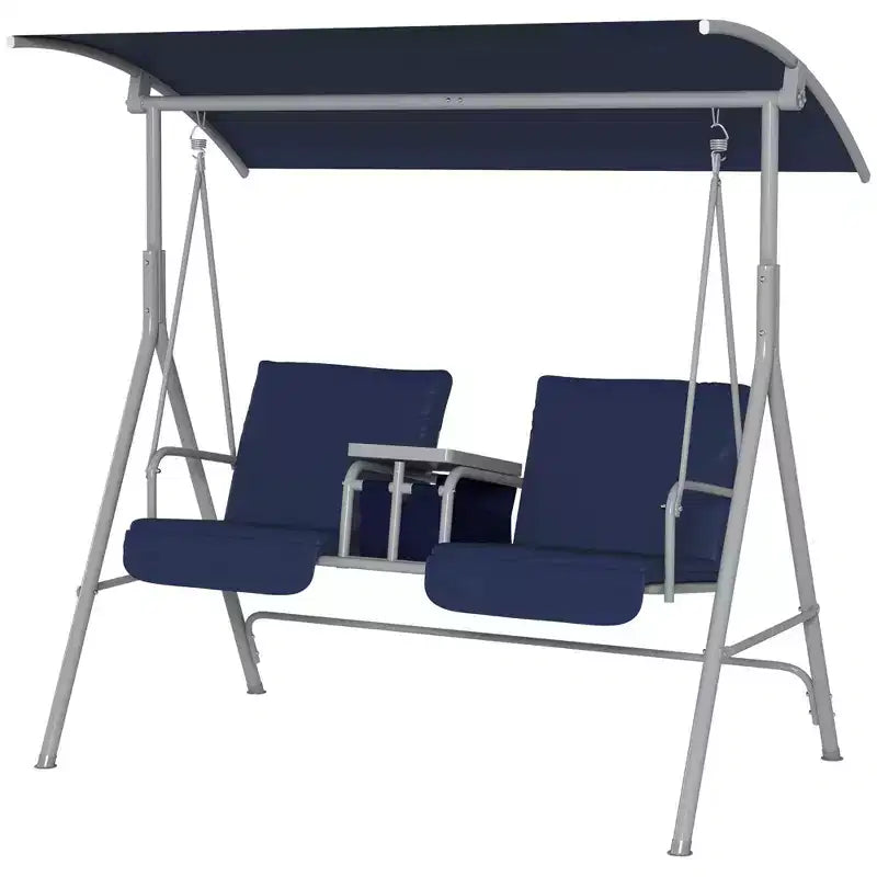 2-Person Patio Swing with Canopy Storage Table and Cup Holders Dark Blue