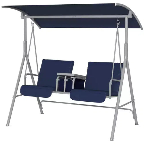 2-Person Patio Swing with Canopy Storage Table and Cup Holders Dark Blue