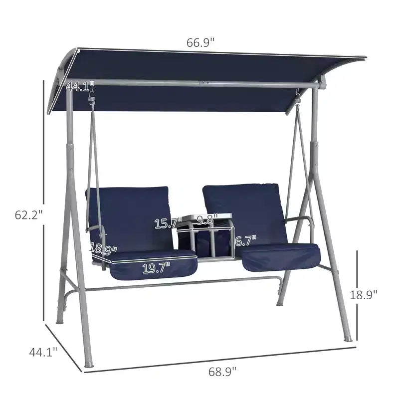2-Person Patio Swing with Canopy Storage Table and Cup Holders Dark Blue