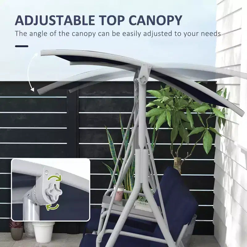 2-Person Patio Swing with Canopy Storage Table and Cup Holders Dark Blue