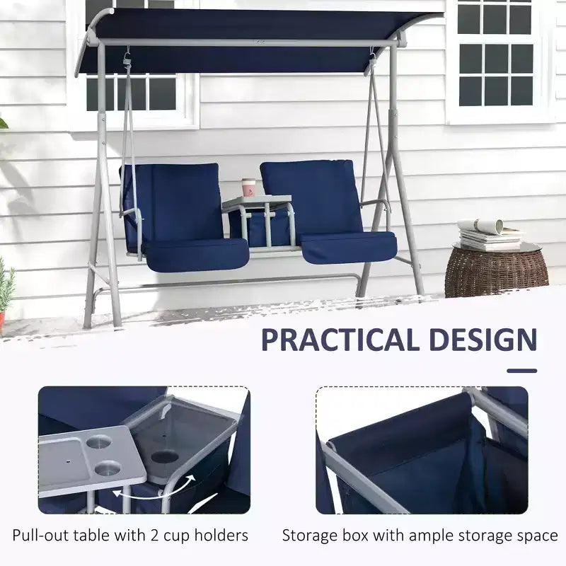 2-Person Patio Swing with Canopy Storage Table and Cup Holders Dark Blue