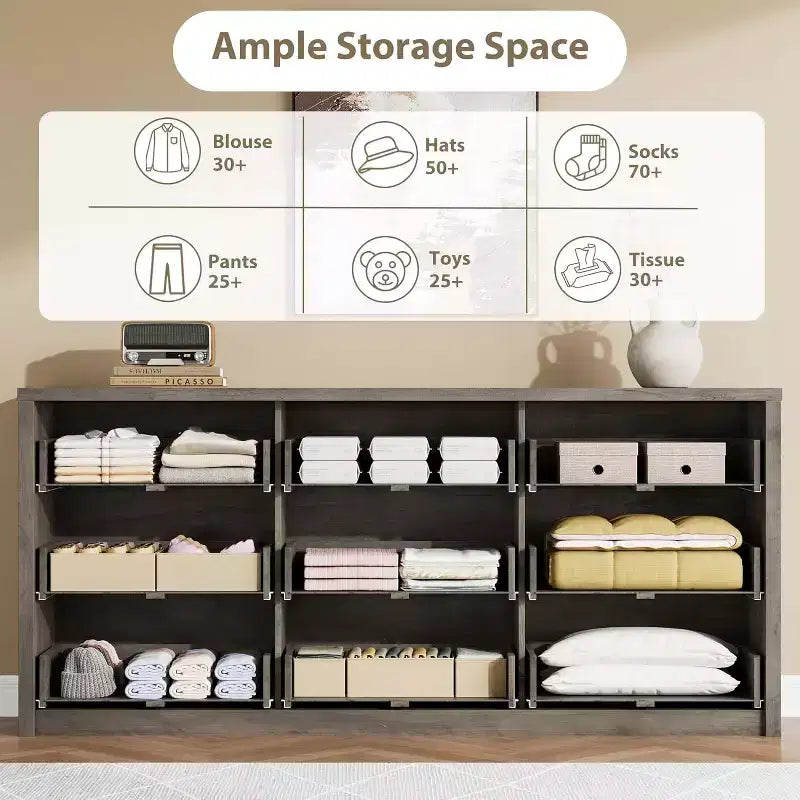 9-Drawer Wooden Dresser for Bedroom, Wide Modern Chest of Drawers, Large Storage Organizer for Living Room, Hallway, or Entryway