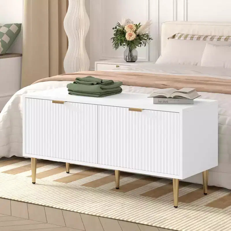 COZONY 42'' Modern Fluted Shoe Storage Bench with Cabinet, Wooden Entryway Shoe Bench for Hallway, Foyer, Mudroom or Front Door