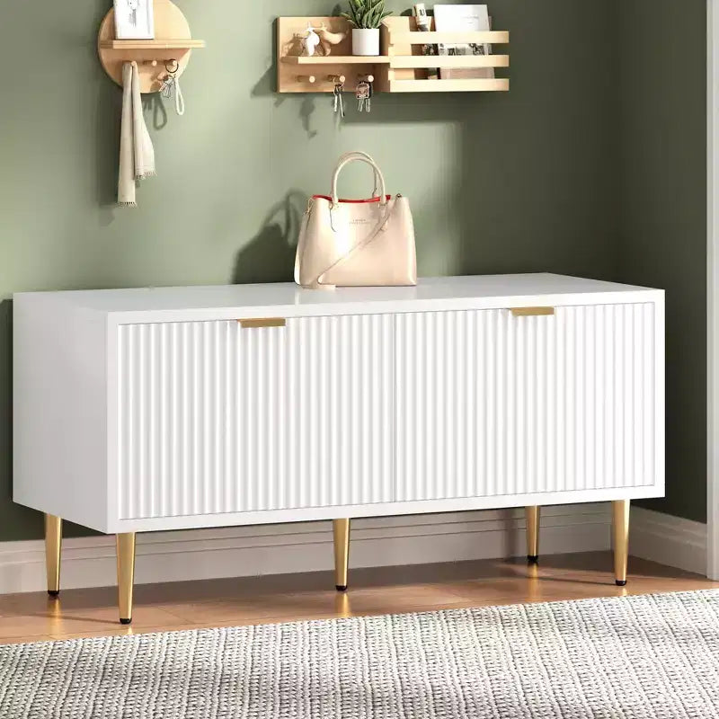 COZONY 42'' Modern Fluted Shoe Storage Bench with Cabinet, Wooden Entryway Shoe Bench for Hallway, Foyer, Mudroom or Front Door