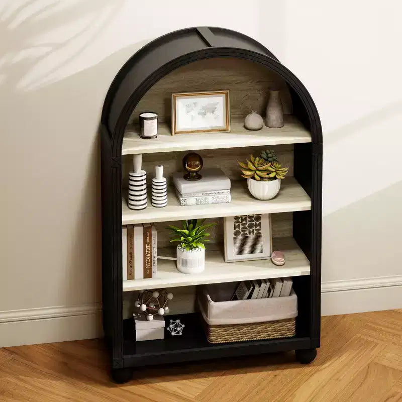 GDFStudio Sade Modern 28 Wood and Metal Arched 4-Tier Storage Cabinet with Carved Edges