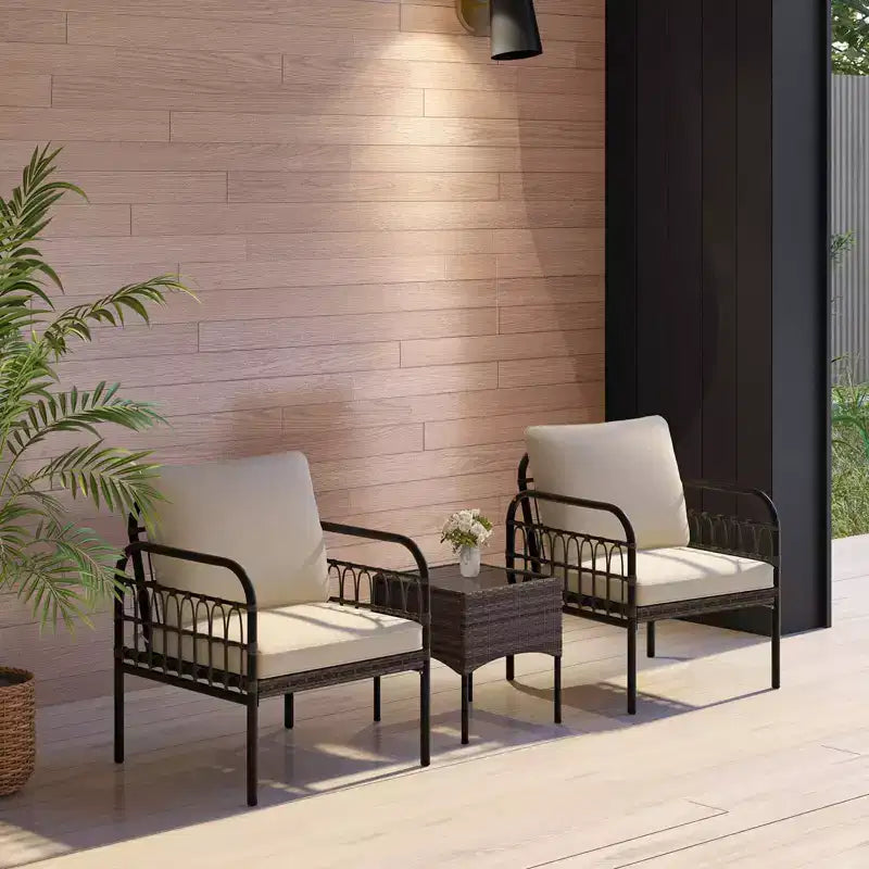 Costway 3 PCS Patio Wicker Furniture Set, Outdoor Conversation Bistro Set with Cushioned Mix Brown + Beige/Off-white