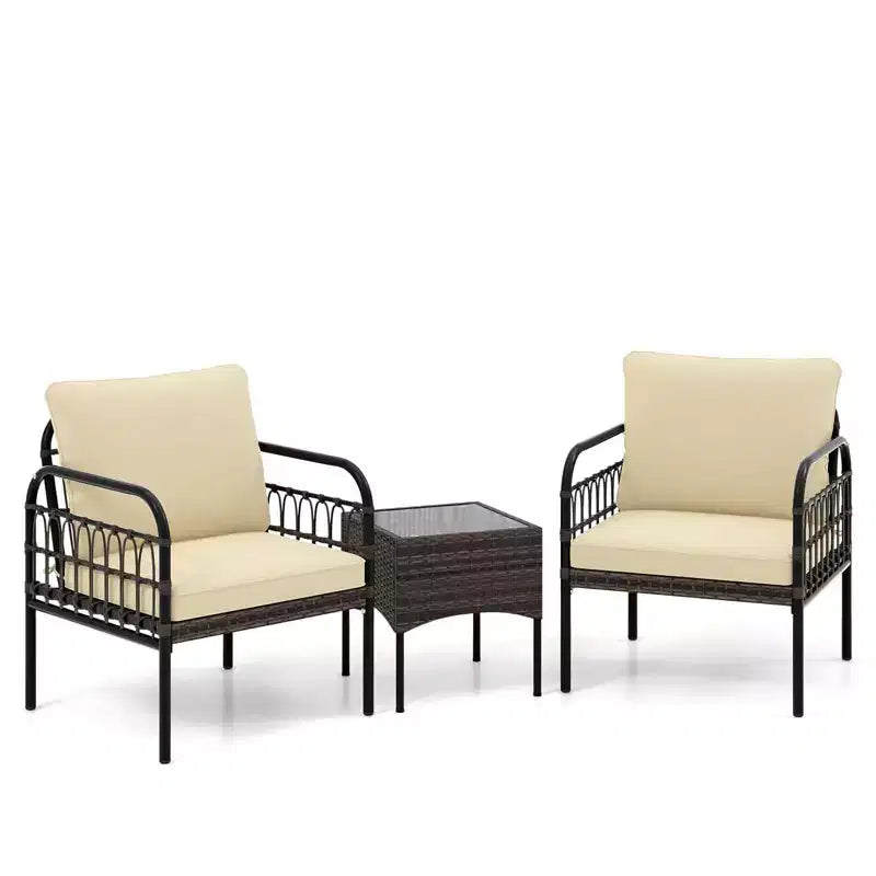 Costway 3 PCS Patio Wicker Furniture Set, Outdoor Conversation Bistro Set with Cushioned Mix Brown + Beige/Off-white
