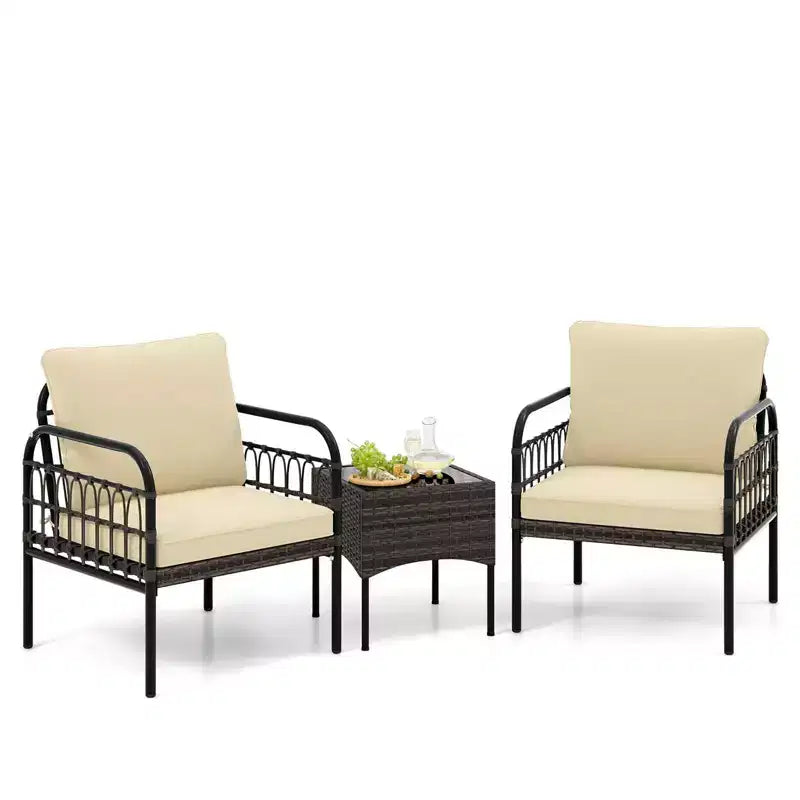 Costway 3 PCS Patio Wicker Furniture Set, Outdoor Conversation Bistro Set with Cushioned Mix Brown + Beige/Off-white