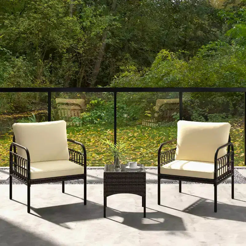 Costway 3 PCS Patio Wicker Furniture Set, Outdoor Conversation Bistro Set with Cushioned Mix Brown + Beige/Off-white