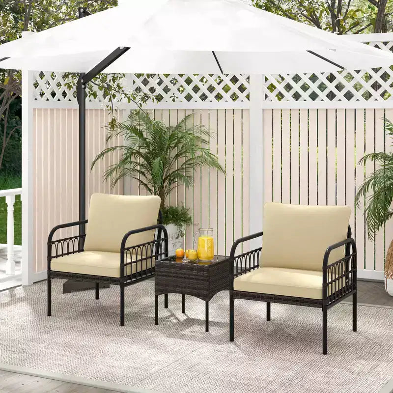 Costway 3 PCS Patio Wicker Furniture Set, Outdoor Conversation Bistro Set with Cushioned Mix Brown + Beige/Off-white