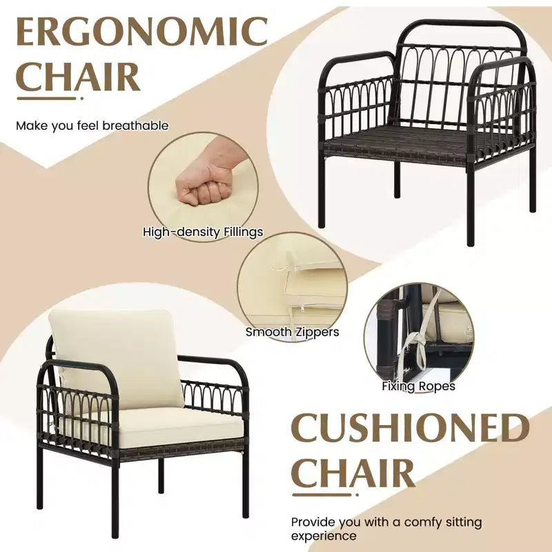 Costway 3 PCS Patio Wicker Furniture Set, Outdoor Conversation Bistro Set with Cushioned Mix Brown + Beige/Off-white