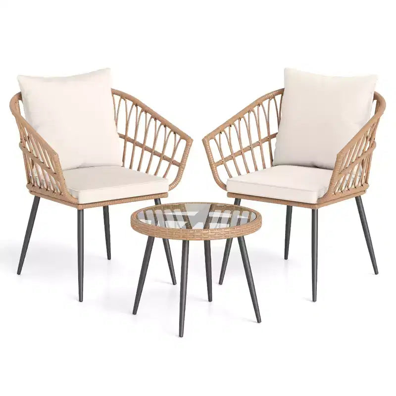 Costway 3PCS Patio Bistro Set with Soft Cushions, Tempered Glass Coffee Table & Metal Frame