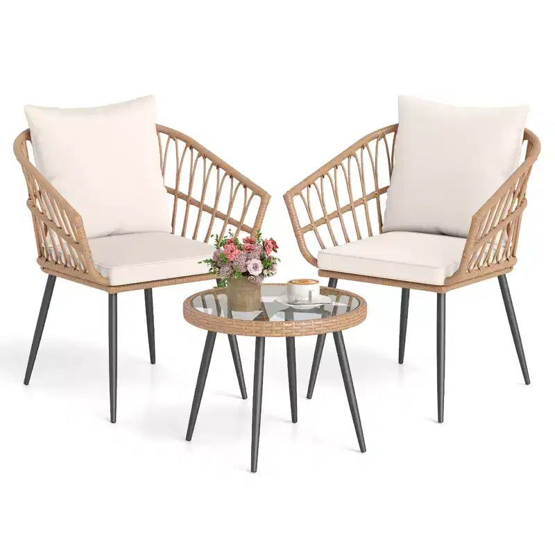 Costway 3PCS Patio Bistro Set with Soft Cushions, Tempered Glass Coffee Table & Metal Frame