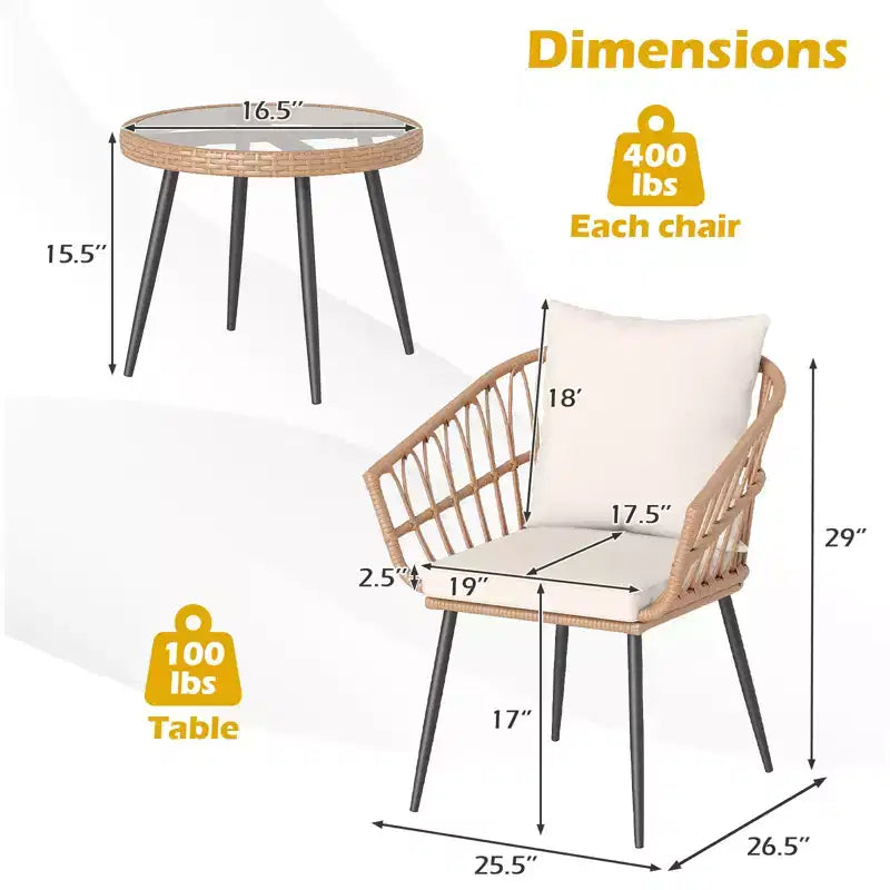 Costway 3PCS Patio Bistro Set with Soft Cushions, Tempered Glass Coffee Table & Metal Frame