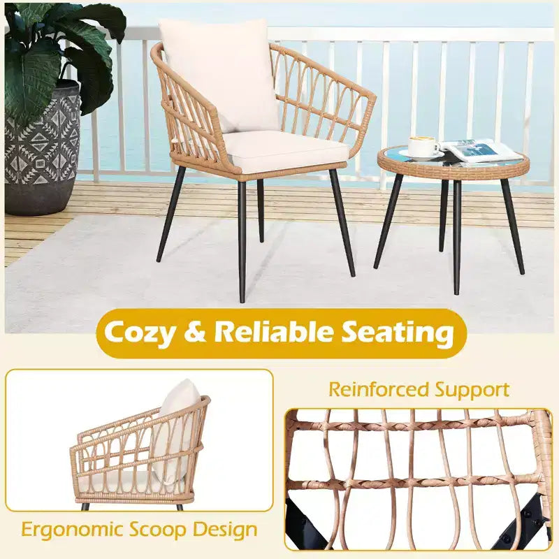 Costway 3PCS Patio Bistro Set with Soft Cushions, Tempered Glass Coffee Table & Metal Frame