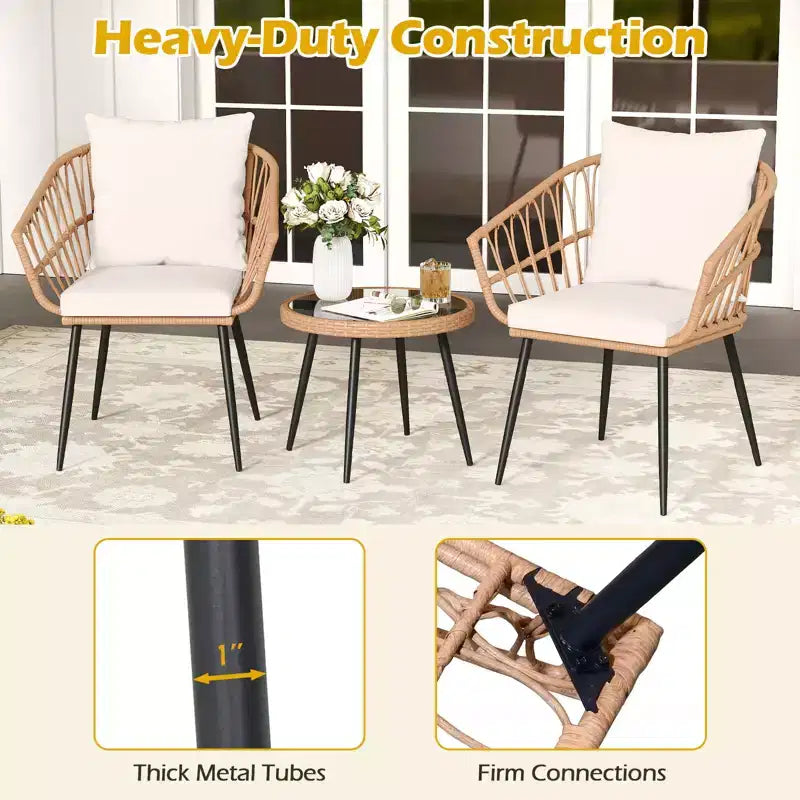 Costway 3PCS Patio Bistro Set with Soft Cushions, Tempered Glass Coffee Table & Metal Frame