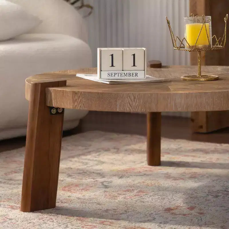 JVNOXK 36.61 Round Herringbone Coffee Table, Solid Wood & MDF Rustic Accent Table with Tapered Legs, Natural Distressed Wood Finish for Living Room