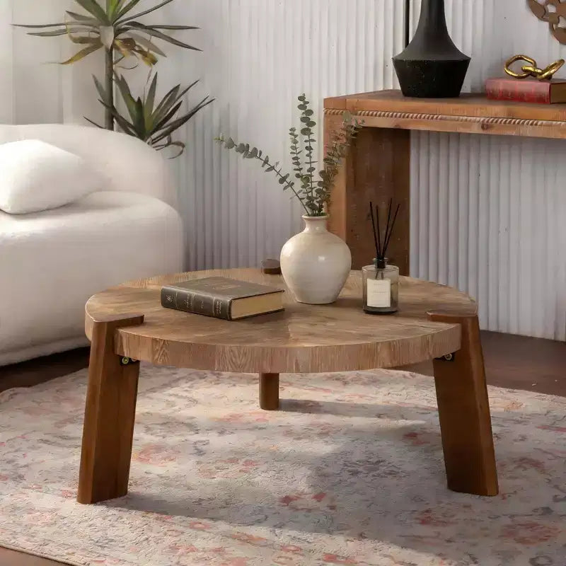 JVNOXK 36.61 Round Herringbone Coffee Table, Solid Wood & MDF Rustic Accent Table with Tapered Legs, Natural Distressed Wood Finish for Living Room