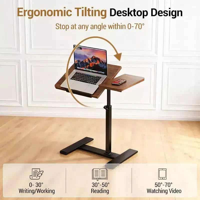 Height Adjustable Bedside Table with Wheels, Split Top, Tilting Bedside Table, Mobile Laptop, Computer, Standing Desk, Cart with Storage for Hospital