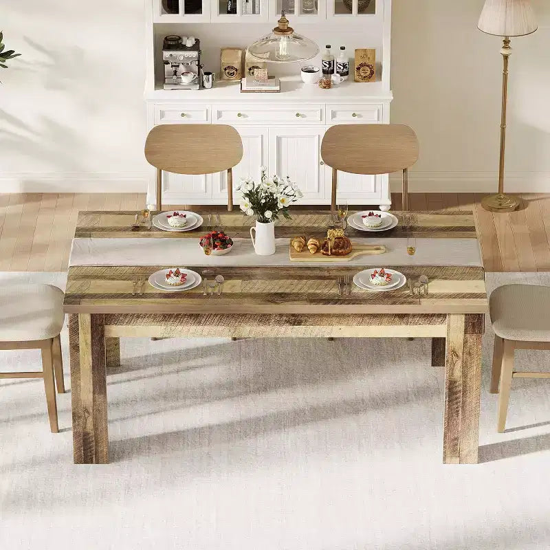 Rustic Rectangular Dining Table for 4-8  63/71 Large Farmhouse Kitchen & Dining Table, Reinforced Triangle Legs, Wooden Tabletop for Apartments