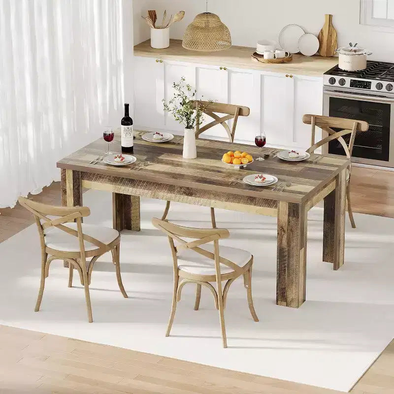 Rustic Rectangular Dining Table for 4-8  63/71 Large Farmhouse Kitchen & Dining Table, Reinforced Triangle Legs, Wooden Tabletop for Apartments