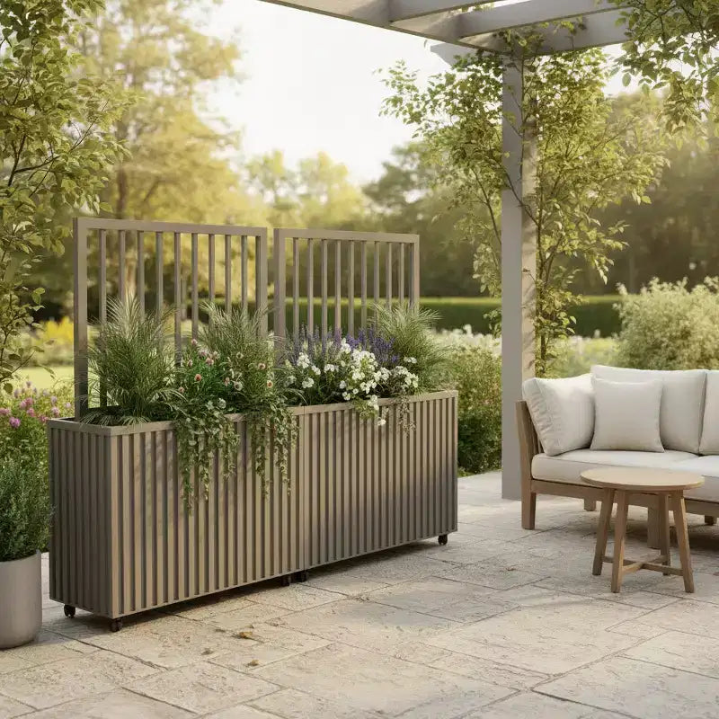 Modern Grey Brown Aluminum Divider Planter for Indoor Outdoor Spaces, Privacy Planter Box with Drainage and Durable Finish
