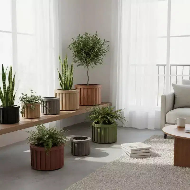 Modern Ash Brown Small Round Aluminum Planter for Indoor Outdoor Use, Textured Flower Pot with Drainage and Durable Finish