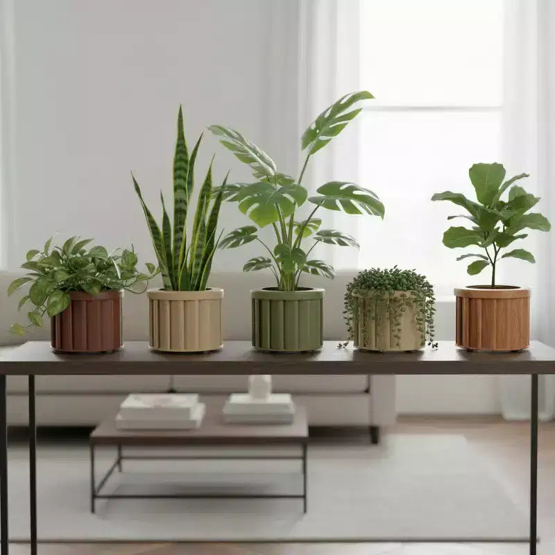 Modern Ash Brown Small Round Aluminum Planter for Indoor Outdoor Use, Textured Flower Pot with Drainage and Durable Finish