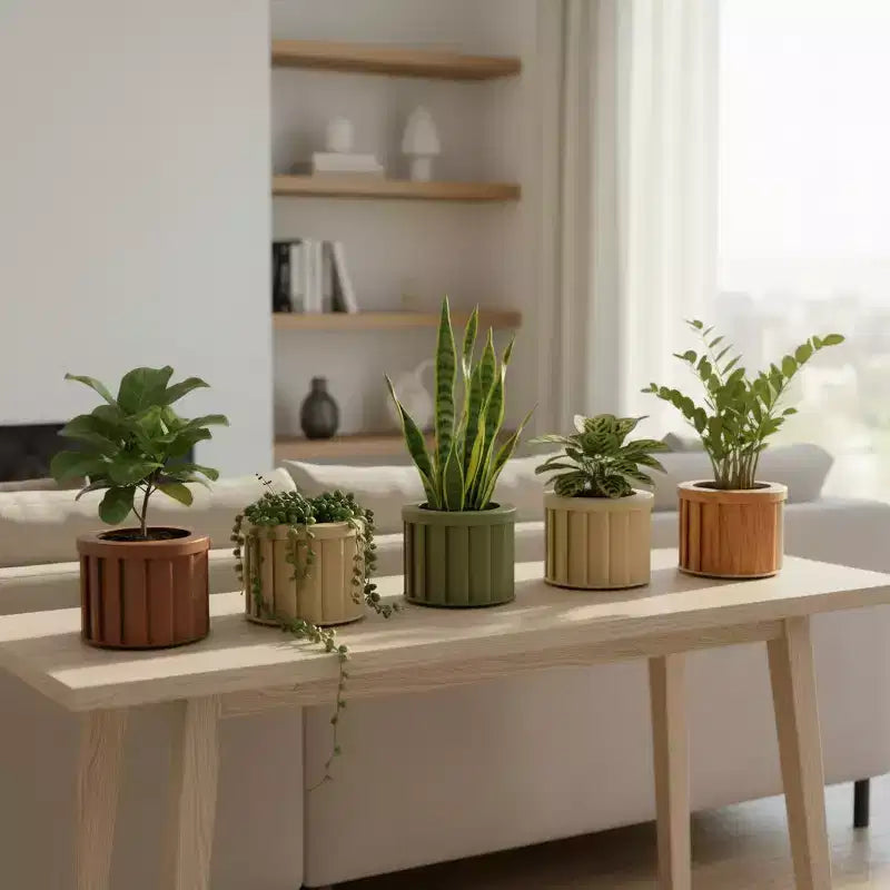 Modern Ash Brown Small Round Aluminum Planter for Indoor Outdoor Use, Textured Flower Pot with Drainage and Durable Finish