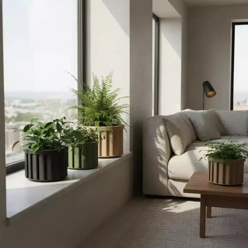 Modern Ash Brown Small Round Aluminum Planter for Indoor Outdoor Use, Textured Flower Pot with Drainage and Durable Finish