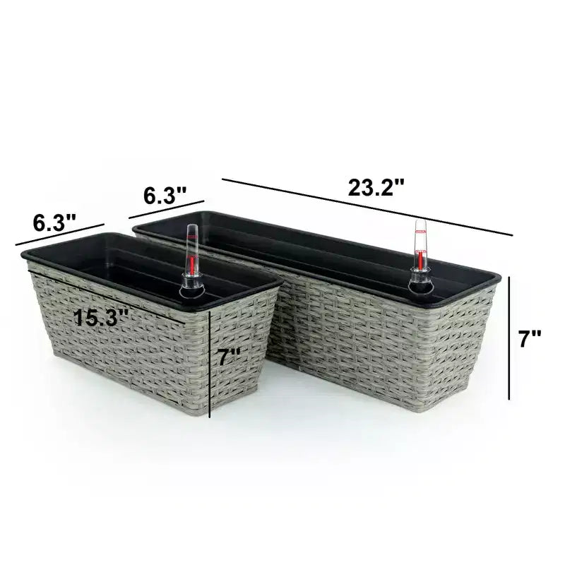 2-Pack Gray Wicker Rectangle Self-Watering Planter Pot for Indoor Outdoor Use, Flower Pot with Reservoir, Drainage and Weather-Ready Design