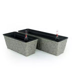 2-Pack Gray Wicker Rectangle Self-Watering Planter Pot for Indoor Outdoor Use, Flower Pot with Reservoir, Drainage and Weather-Ready Design