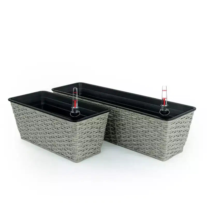 2-Pack Gray Wicker Rectangle Self-Watering Planter Pot for Indoor Outdoor Use, Flower Pot with Reservoir, Drainage and Weather-Ready Design